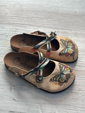 Calceo Butterfly Tan Clog Mules with Double Strap Women’s Size EU 39